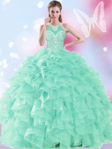 Nice Apple Green Ball Gowns Halter Top Sleeveless Organza Floor Length Lace Up Beading and Ruffles Quinceanera Gowns