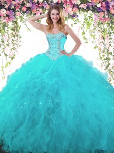 Custom Made Teal Sleeveless Organza and Tulle Lace Up Quince Ball Gowns for Military Ball and Sweet 16 and Quinceanera