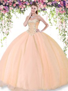 Sweetheart Sleeveless Sweet 16 Dresses Floor Length Beading Peach Tulle