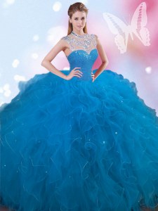 Romantic Blue Lace Up High-neck Beading Quinceanera Dress Tulle Sleeveless