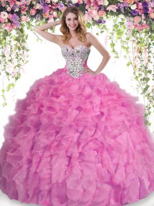 Modern Beading and Ruffles Quinceanera Gown Rose Pink Lace Up Sleeveless Floor Length