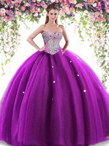 Eggplant Purple Ball Gowns Tulle Sweetheart Sleeveless Beading Floor Length Lace Up Quinceanera Dresses