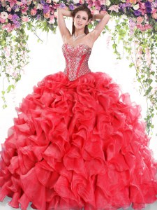 Organza Sweetheart Sleeveless Sweep Train Lace Up Beading and Ruffles Quinceanera Gowns in Red