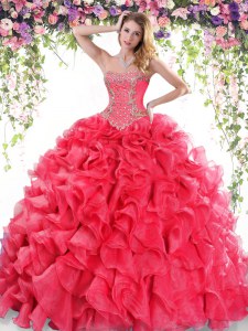 On Sale Sweetheart Sleeveless Sweep Train Lace Up Quinceanera Gown Red Organza