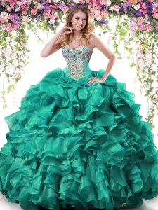 Adorable Floor Length Turquoise Sweet 16 Dress Organza Sleeveless Beading and Ruffles
