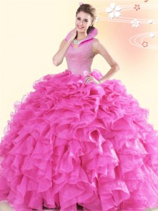 Floor Length Backless Quinceanera Gowns Hot Pink for Military Ball and Sweet 16 and Quinceanera with Beading and Ruffles