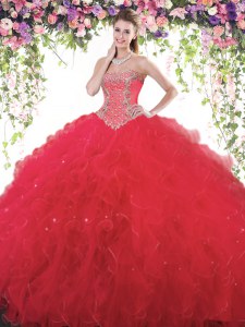 Fitting Red Ball Gowns Beading Vestidos de Quinceanera Lace Up Tulle Sleeveless Floor Length