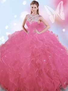 High-neck Sleeveless Zipper Ball Gown Prom Dress Rose Pink Tulle