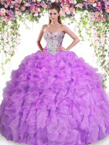 Chic Lilac Sleeveless Floor Length Beading and Ruffles Lace Up Sweet 16 Dresses