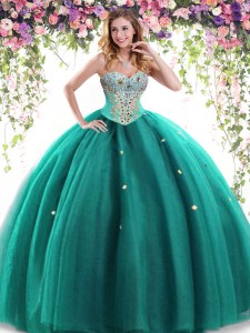 Glittering Dark Green Sleeveless Tulle Lace Up Sweet 16 Quinceanera Dress for Military Ball and Sweet 16 and Quinceanera