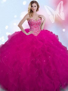 Smart Ball Gowns Sweet 16 Dresses Fuchsia Sweetheart Tulle Sleeveless Floor Length Lace Up