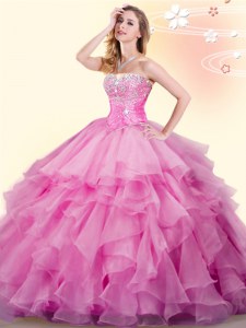 Fitting Rose Pink Sweetheart Lace Up Beading and Ruffles Quinceanera Dress Sleeveless