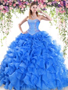Free and Easy Sleeveless Beading and Ruffles Lace Up Quinceanera Gown with Blue Sweep Train