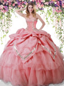 On Sale Watermelon Red Organza and Taffeta Lace Up Quince Ball Gowns Sleeveless Floor Length Beading and Pick Ups