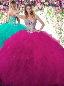 Simple Fuchsia Tulle Lace Up Sweetheart Sleeveless Floor Length Sweet 16 Dresses Beading and Ruffles