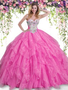 Dramatic Hot Pink Ball Gowns Beading and Ruffles Quinceanera Dresses Lace Up Organza Sleeveless Floor Length