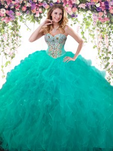 Floor Length Lace Up Vestidos de Quinceanera Turquoise for Military Ball and Sweet 16 and Quinceanera with Beading