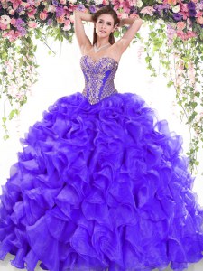 Pretty Purple Organza Lace Up Quinceanera Gown Sleeveless Sweep Train Beading and Ruffles