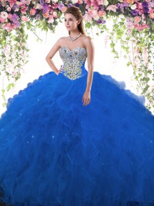 Great Floor Length Royal Blue Quinceanera Gowns Tulle Sleeveless Beading