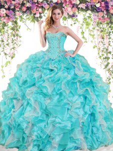 Amazing Blue And White Ball Gowns Beading and Ruffles Sweet 16 Dresses Lace Up Organza Sleeveless Floor Length