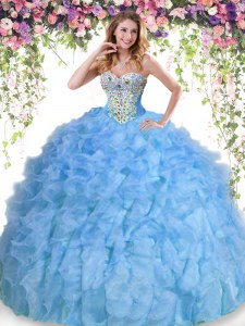 Baby Blue Organza Lace Up Quinceanera Dress Sleeveless Floor Length Beading and Ruffles