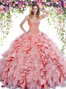 Deluxe Watermelon Red Quinceanera Gown Military Ball and Sweet 16 and Quinceanera and For with Beading and Ruffles Sweetheart Sleeveless Lace Up