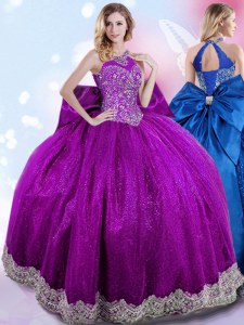 Romantic Eggplant Purple Halter Top Lace Up Beading and Bowknot Sweet 16 Quinceanera Dress Sleeveless