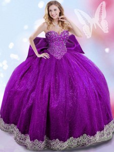 Eggplant Purple Sleeveless Floor Length Beading and Lace and Bowknot Lace Up Sweet 16 Dress