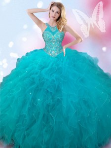Captivating Halter Top Teal Sleeveless Tulle Lace Up Quinceanera Dress for Military Ball and Sweet 16 and Quinceanera