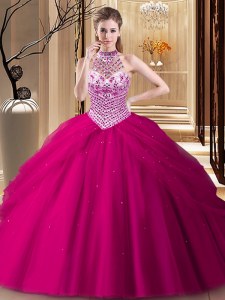 Admirable Halter Top Sleeveless Brush Train Lace Up With Train Beading and Pick Ups Vestidos de Quinceanera