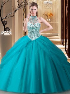 Halter Top Pick Ups Ball Gowns Sleeveless Teal Sweet 16 Quinceanera Dress Brush Train Lace Up