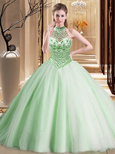 Halter Top Apple Green Tulle Lace Up Vestidos de Quinceanera Sleeveless With Brush Train Beading