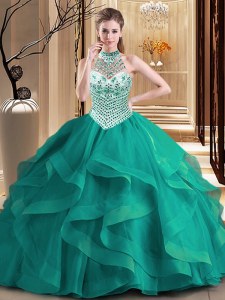 Halter Top With Train Lace Up Sweet 16 Quinceanera Dress Dark Green for Military Ball and Sweet 16 and Quinceanera with Beading and Ruffles Brush Train