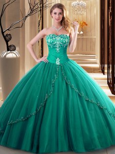 Shining Dark Green Ball Gowns Embroidery Quinceanera Dresses Lace Up Tulle Sleeveless Floor Length