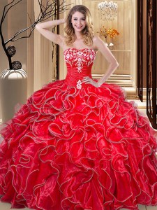 Fashionable Ball Gowns 15 Quinceanera Dress Coral Red Sweetheart Organza Sleeveless Floor Length Lace Up