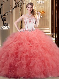 High End Watermelon Red and Orange Quinceanera Gowns Prom and Military Ball and Sweet 16 and Quinceanera and For with Embroidery and Ruffled Layers Strapless Sleeveless Lace Up