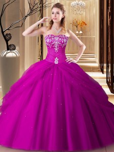 Super Hot Pink Ball Gowns Sweetheart Sleeveless Tulle Floor Length Lace Up Embroidery Sweet 16 Dress