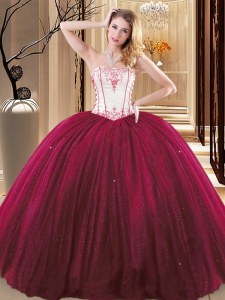 Wine Red Sleeveless Embroidery Floor Length Quince Ball Gowns
