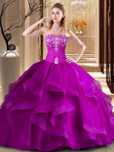 Most Popular Fuchsia Sleeveless Floor Length Embroidery and Ruffles Lace Up Quince Ball Gowns