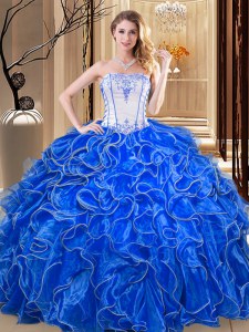 Trendy Royal Blue Organza Lace Up Ball Gown Prom Dress Sleeveless Floor Length Embroidery and Ruffles