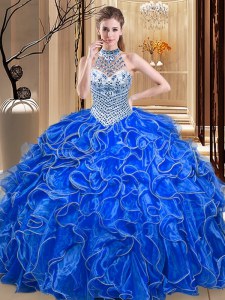 Attractive Royal Blue Ball Gowns Organza Halter Top Sleeveless Beading and Ruffles Floor Length Lace Up 15th Birthday Dress