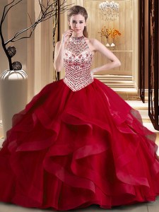 Halter Top Wine Red Lace Up Quinceanera Gowns Beading and Ruffles Sleeveless With Brush Train