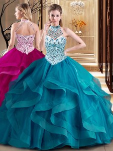 Spectacular With Train Teal Ball Gown Prom Dress Halter Top Sleeveless Brush Train Lace Up