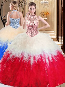Glittering Ball Gowns Quinceanera Gown White And Red Halter Top Tulle Sleeveless Floor Length Lace Up