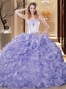 Lavender Strapless Neckline Embroidery and Ruffles Quinceanera Gowns Sleeveless Lace Up