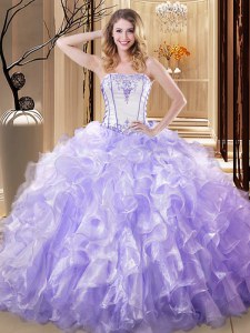 Embroidery and Ruffles 15 Quinceanera Dress Lavender Lace Up Sleeveless Floor Length