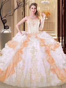 Custom Designed Floor Length White and Yellow Sweet 16 Dress Organza Sleeveless Embroidery and Ruffled Layers