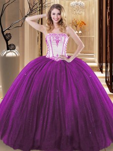 Sleeveless Tulle and Sequined Floor Length Lace Up Sweet 16 Dresses in White And Purple with Embroidery