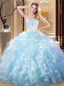 Delicate Light Blue Organza Lace Up Strapless Sleeveless Floor Length 15 Quinceanera Dress Embroidery and Ruffles