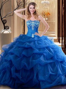 Royal Blue Sleeveless Embroidery and Ruffles Floor Length Sweet 16 Dresses